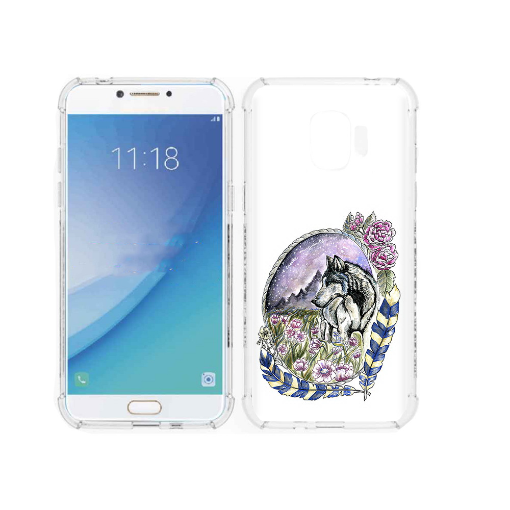 

Чехол MyPads Tocco для Samsung Galaxy J2 Pro (2018) нарисованный волк в цветах с перьями, Прозрачный, Tocco