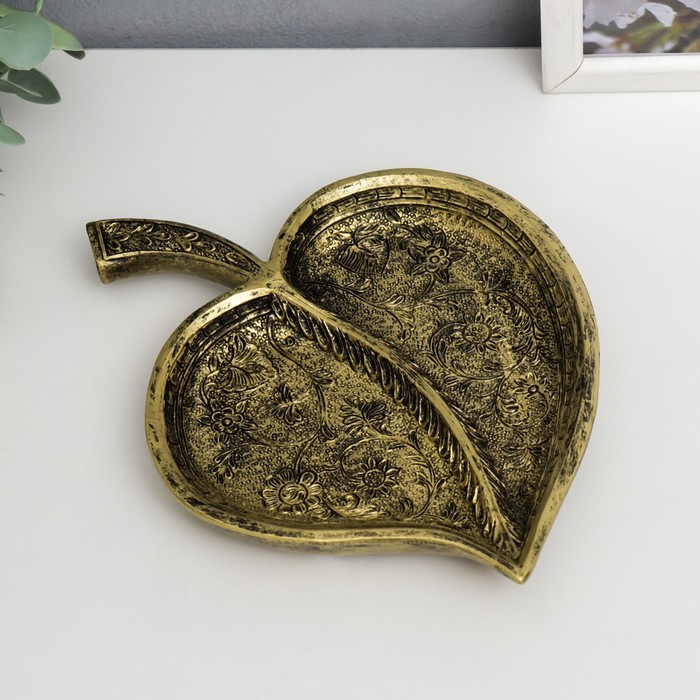 фото Тарелка декоративная полистоун "лист с цветочным рисунком" под латунь 4х12х15 см nobrand