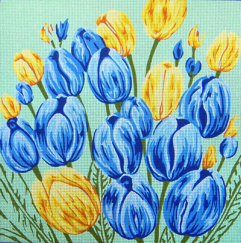 Канва жесткая с рисунком 46.379 Голубые и желтые тюльпаны