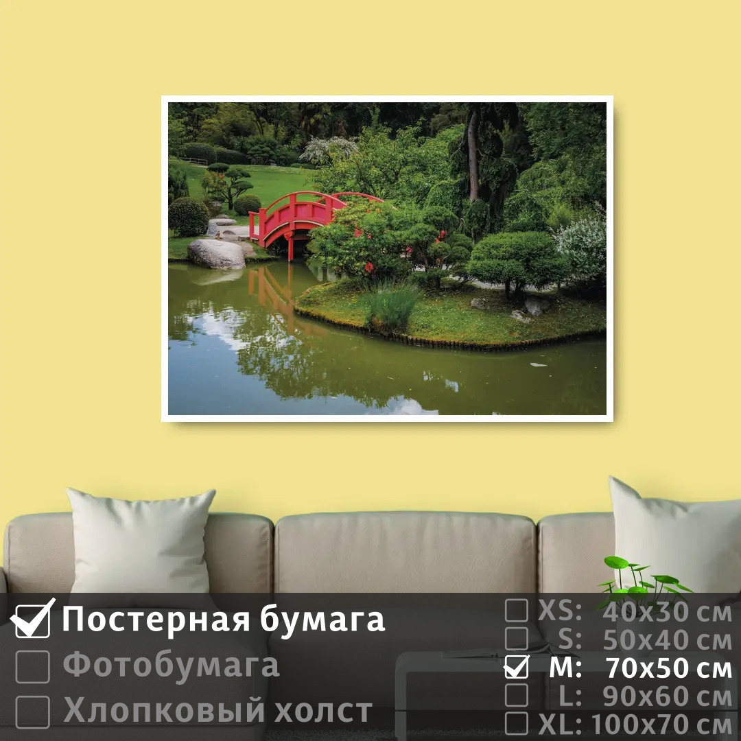 

Постер на стену ПолиЦентр Красный мост через пруд в саду 70х50 см, КрасныйМостЧерезПрудВСаду