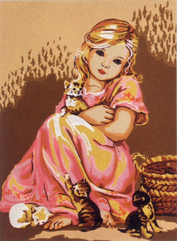 Канва жесткая с рисунком D.479 Малышка в розовом и котята