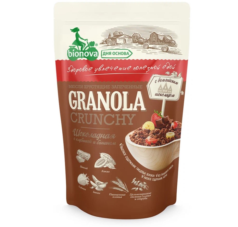 

Мюсли Bionova Granola запечённые, хрустящие, шоколадные, с клубникой и бананом, 6x60 г