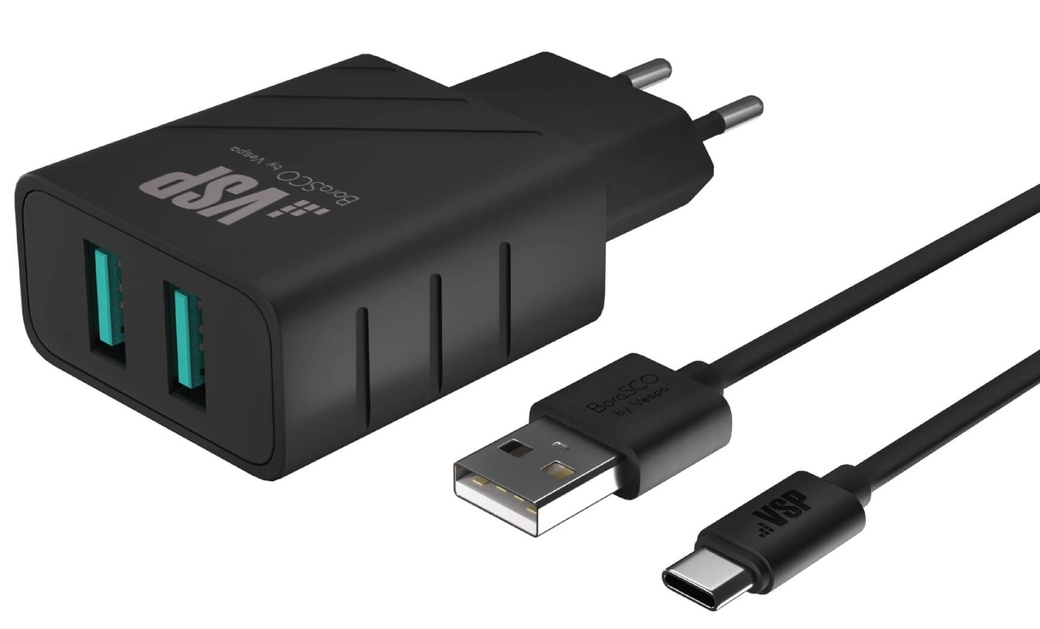 СЗУ адаптер 2 USB 2.4A + Дата-кабель Type-C 2А (100 см) черный, BoraSCO