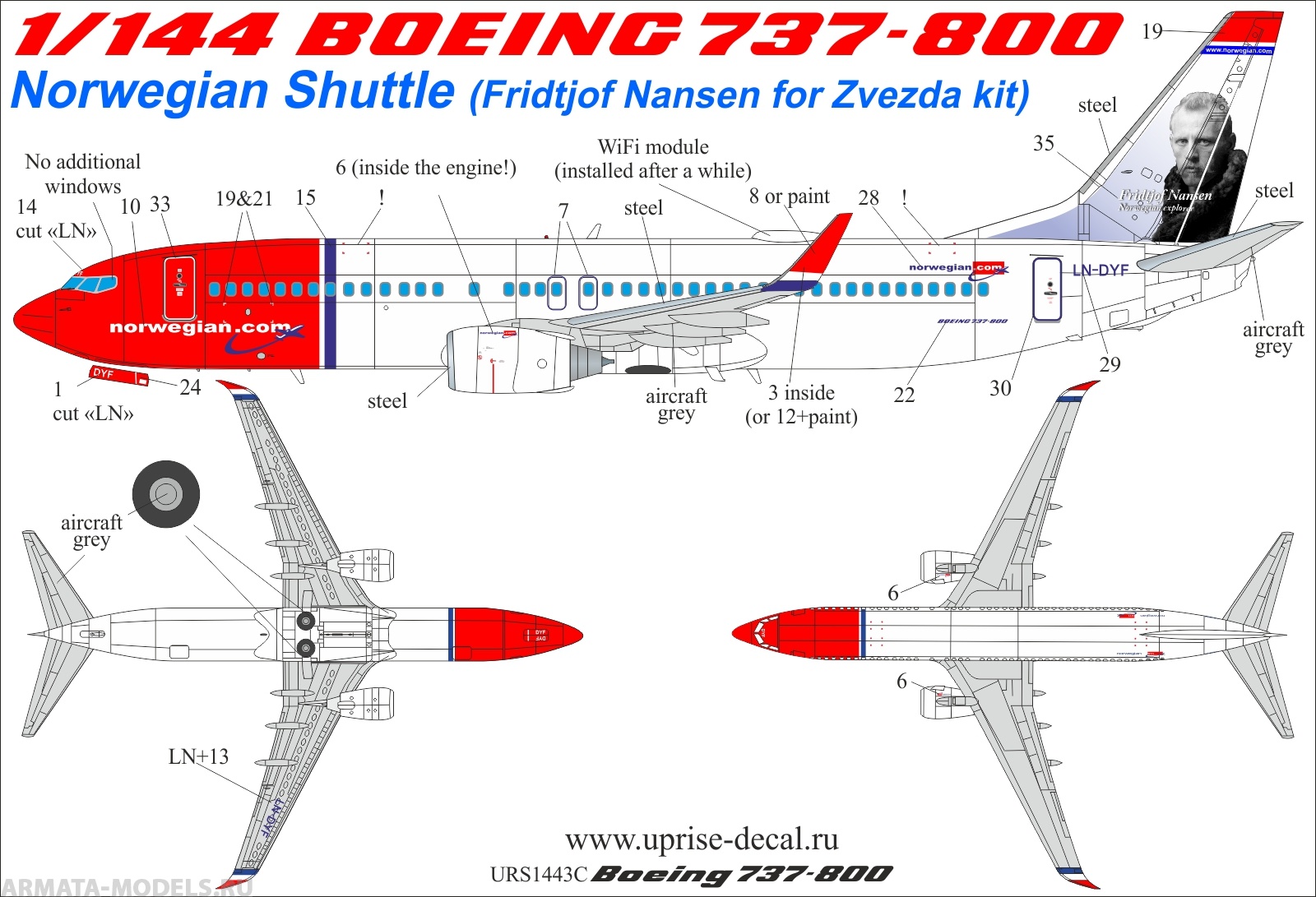 URS1443c Декали для Boeing 737-800 Norwegian Shuttle LN-DYF Fridjtof Nansen with stencils