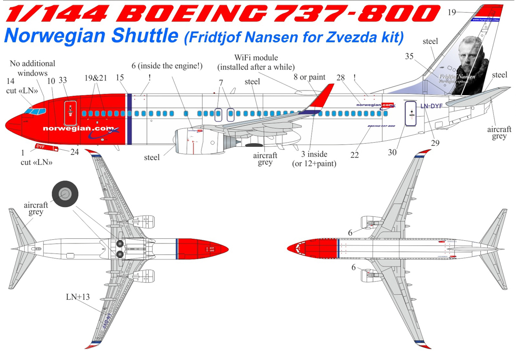 URS1443c Декали для Boeing 737-800 Norwegian Shuttle LN-DYF Fridjtof Nansen with stencils