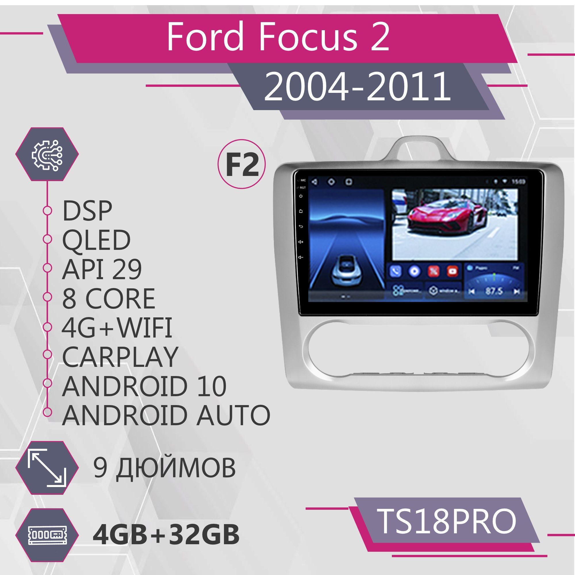 Магнитола Точка Звука TS18Pro для Ford Focus 2/Форд Фокус 2 климат (F2) 4+32GB 2din