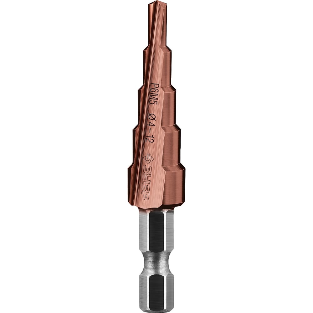Сверло ступенчатое по сталям и цветным металлам КОБАЛЬТ (4-12 мм; 5 ступеней; Р6М5+Co) ЗУБ