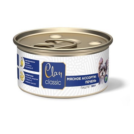 

Влажный корм для собак Clan Classic Мясное ассорти с печенью, брусникой и ромашкой 100 г