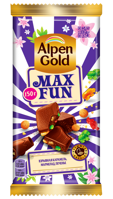 фото Шоколад alpen gold max fun с карамелью мармеладом и печеньем 150г