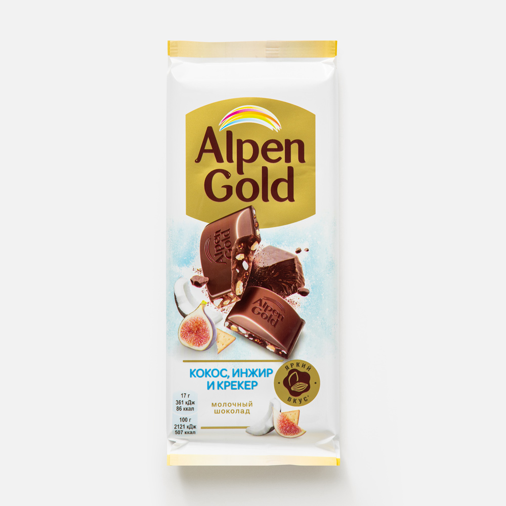 

Шоколад Alpen Gold молочный c сушеным инжиром кокосовой стружкой и соленым крекером 85г