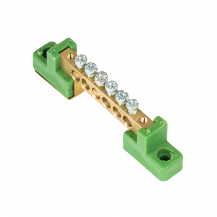 

Шина "0" PE 6x9мм 6 отверстий латунь с контактной пластиной 2 зелёных угловых изолятора EK