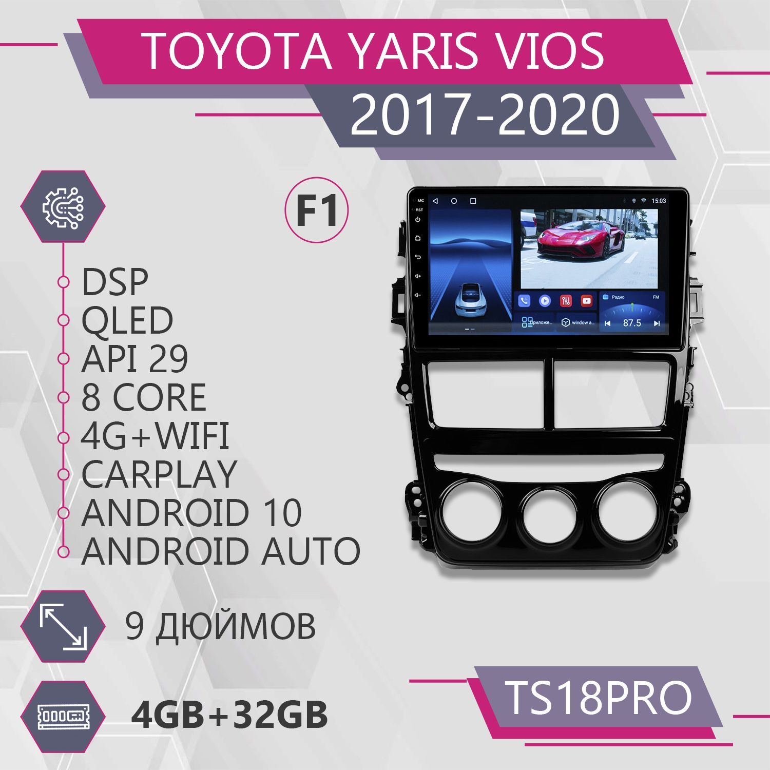 Магнитола Точка Звука TS18Pro для Toyota Yaris Vios/ Тойота под кондиционер F1 4+32GB