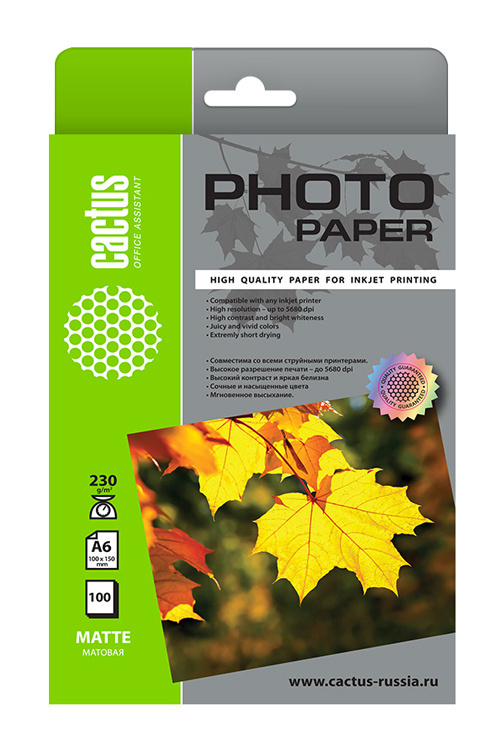 

Фотобумага, Cactus, CS-MA6230100, 230г,м2,100л., белый матовое, CS-MA6230100