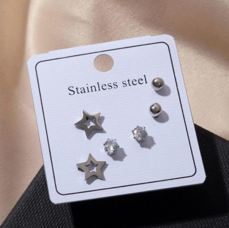 Комплект 3 пары, Стальные, звезды, шарики, белые, в серебре, 3 пары, Стальные, звезды, шарики, белые, в серебре