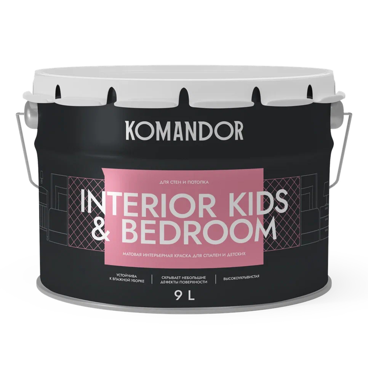 Краска для детских и спален Komandor Interior Kids&Bedroom, матовая, база C, бесцвет., 9 л