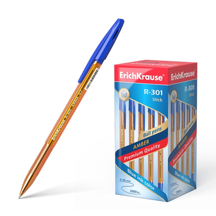 

Ручка шариковая ErichKrause R-301 Amber Stick, узел 1.0 мм, чернила синие, длина линии пис