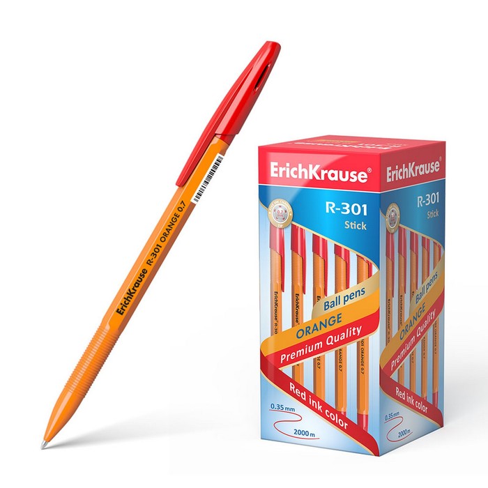 

Ручка шариковая ErichKrause R-301 Orange Stick, узел 0.7 мм, чернила красные, длина линии