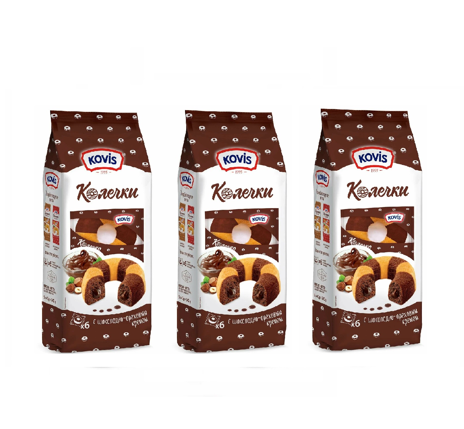 

Колечки Kovis с шоколадно-ореховым кремом, 240 г х 3 шт, с шоколадно-ореховым кремом