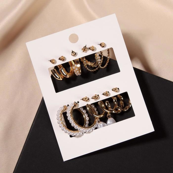 Комплект кольца, 6 пар, Жемчужные, с подвесками, белые, в золоте NoBrand