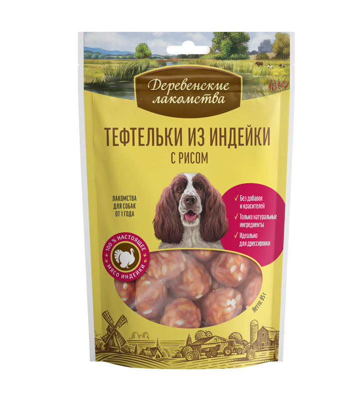 

Лакомство для собак Деревенские лакомства Тефтельки из индейки с рисом, 85 г