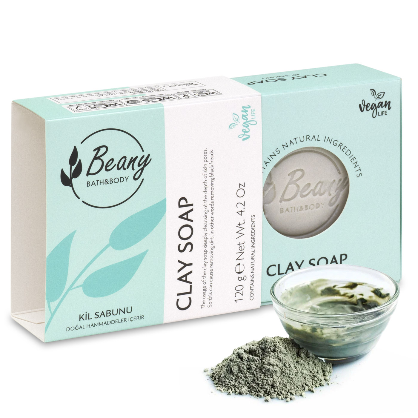 Мыло Beany твердое натуральное турецкое Clay Extract Soap с экстрактом глины so natural пэды для контроля себума   clay sebum pads 70