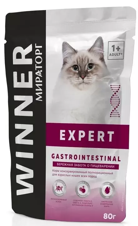 

Влажный корм для взрослых кошек Winner Expert Gastrointestinal курица и ягненок, 80 г