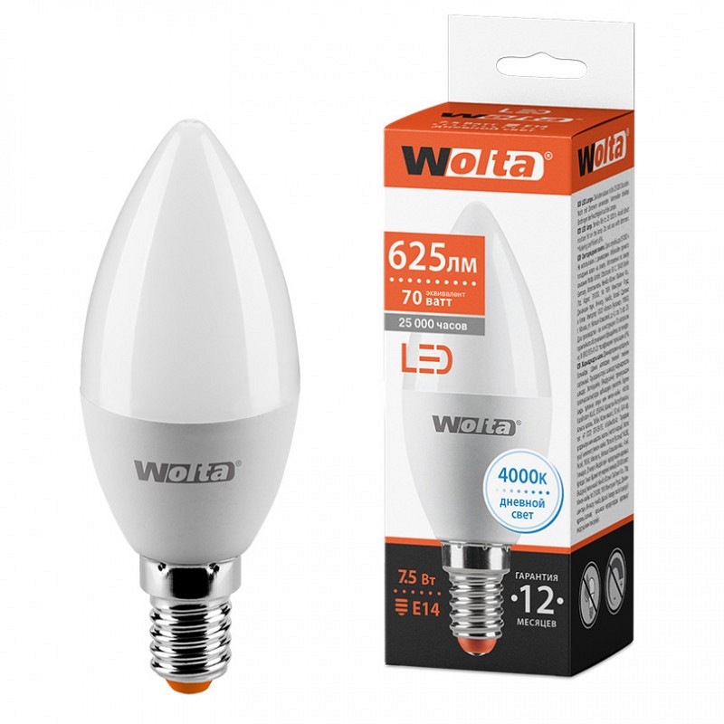

Лампа WOLTA Led 25SC 7.5W E14 4000K свеча 382, WOLTA