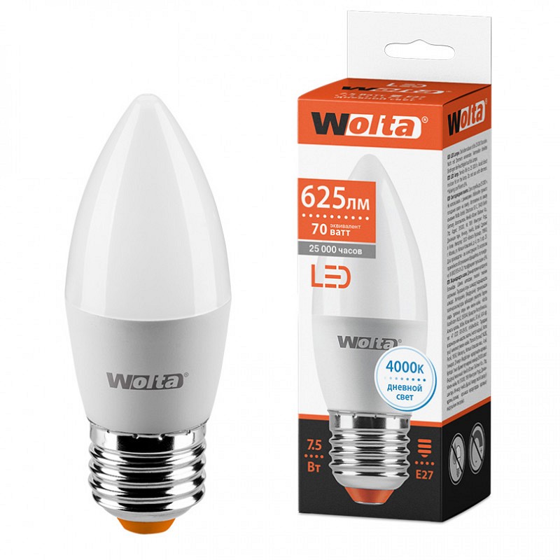 

Лампа WOLTA Led 25SC 7.5W E27 4000K свеча 388, WOLTA