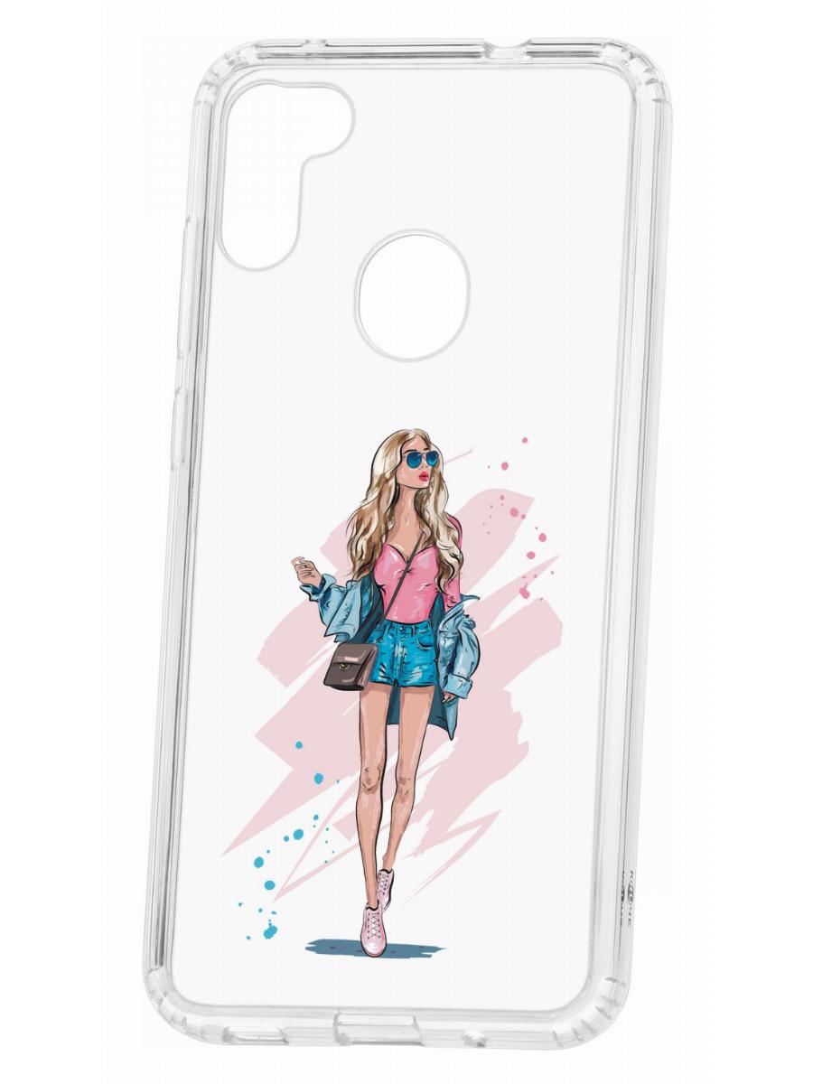 

Чехол на Samsung M11, A11 Kruche Print Fashion Girl,противоударный бампер,с защитой камеры, Прозрачный;розовый;голубой;бежевый, Самсунг Галакси А11/М11