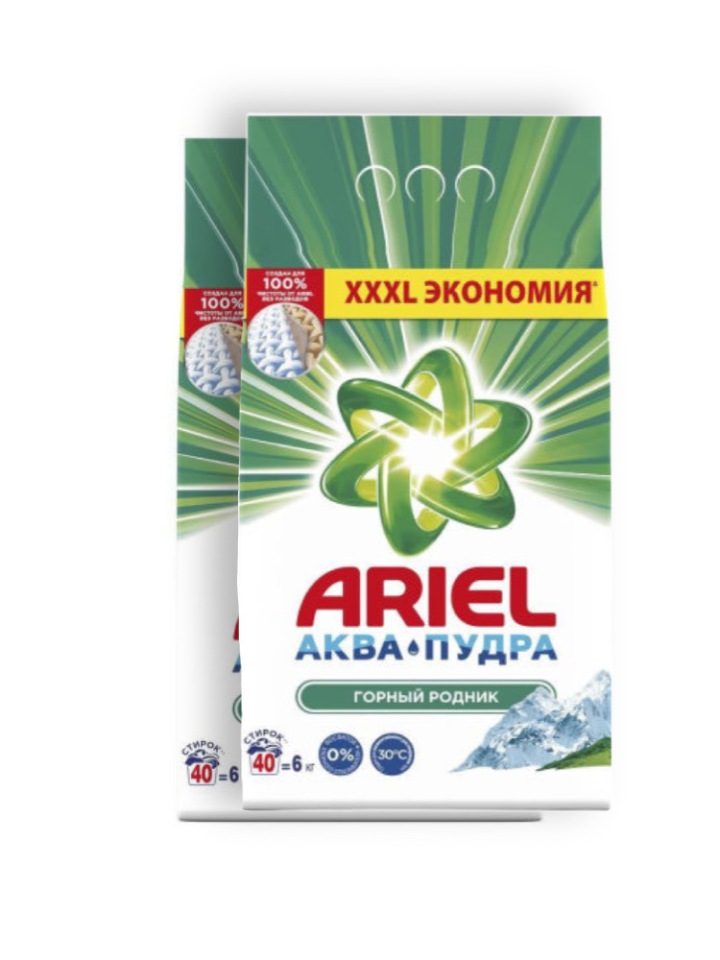 фото Стиральный порошок ariel аквапудра горный родник, 6 кг х 2 упаковки