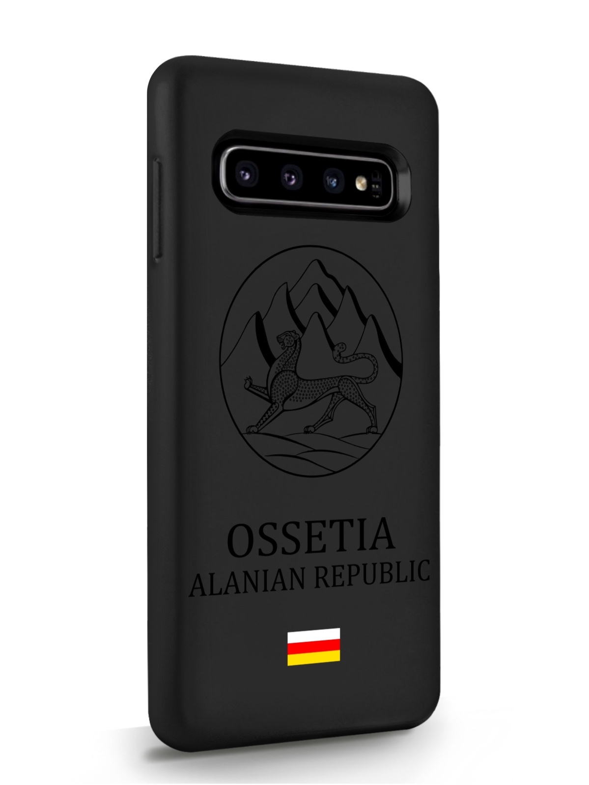 Чехол SignumCase для Samsung Galaxy S10 с черным лаковым гербом Северной Осетии.