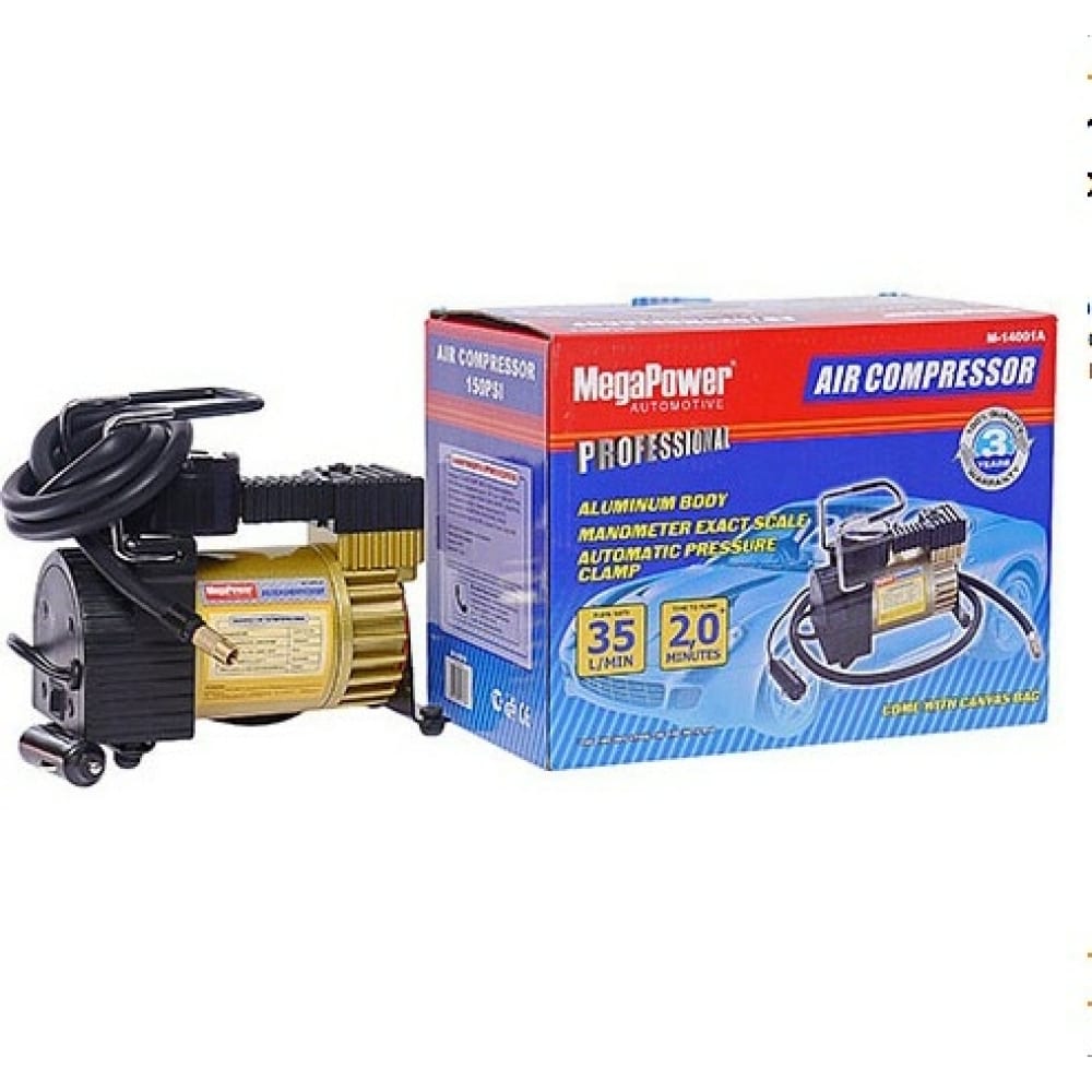 

Поршневой компрессор 150PSI 35л/мин, 14А с автоматическим фиксатором давления MEGAPOWER M-