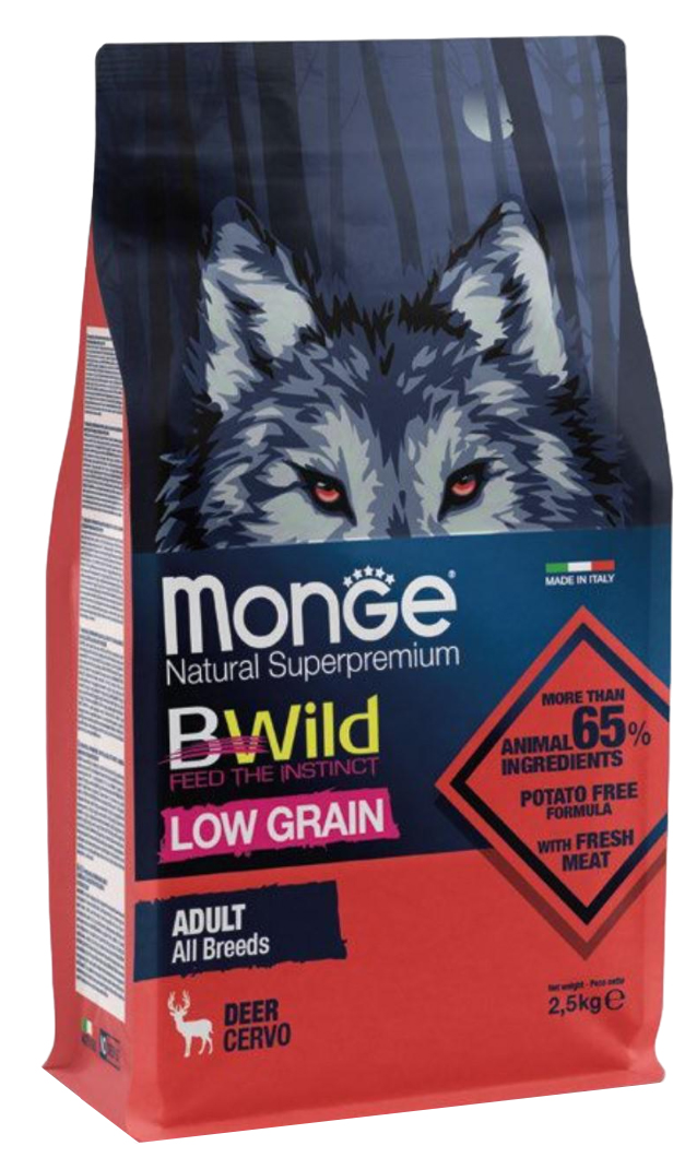 

Сухой корм для взрослых собак Monge Dog BWild Low Grain оленина, 2,5 кг