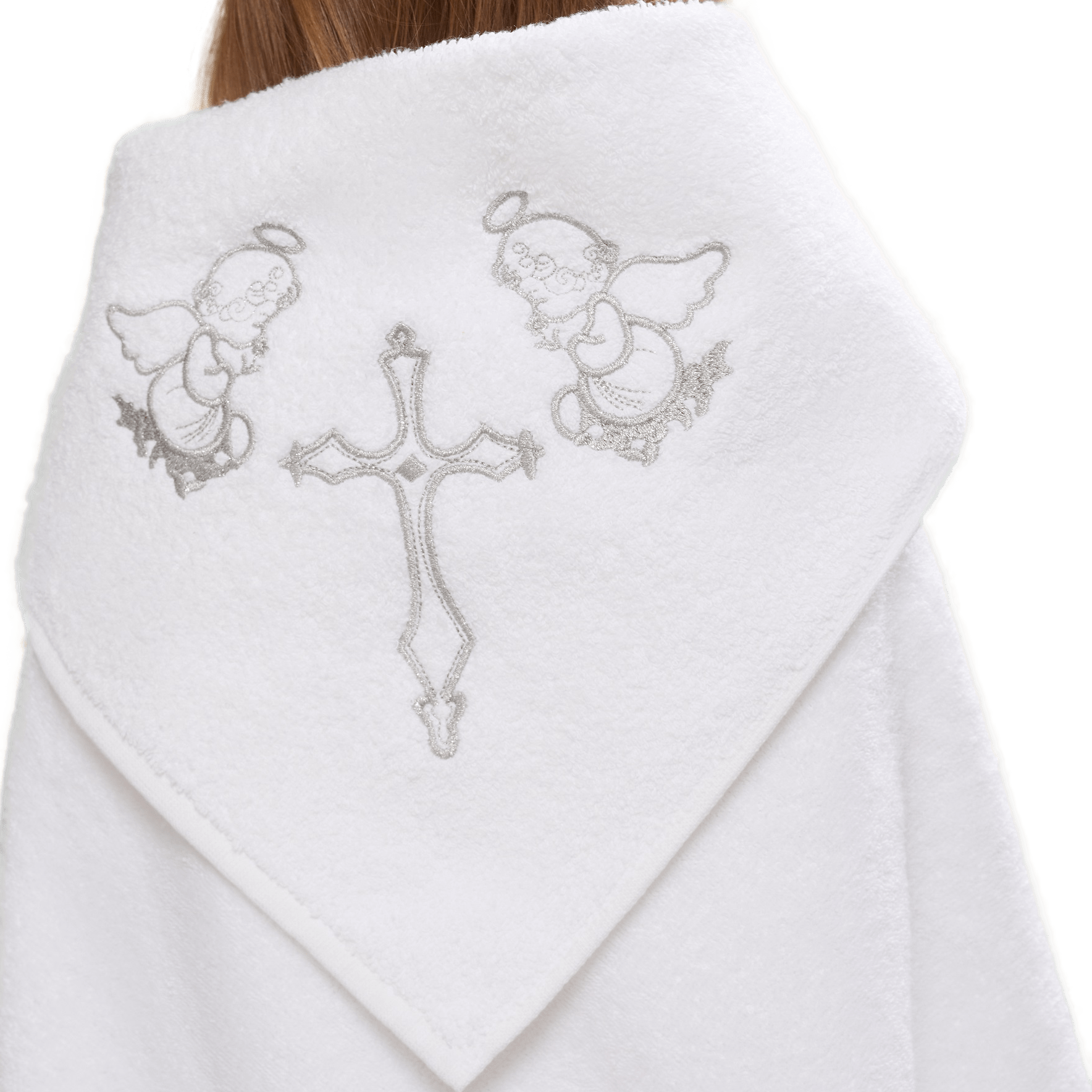 Полотенце банное детское махровое для Крещения ATLASPLUS 100х100 см, белый, серебристый