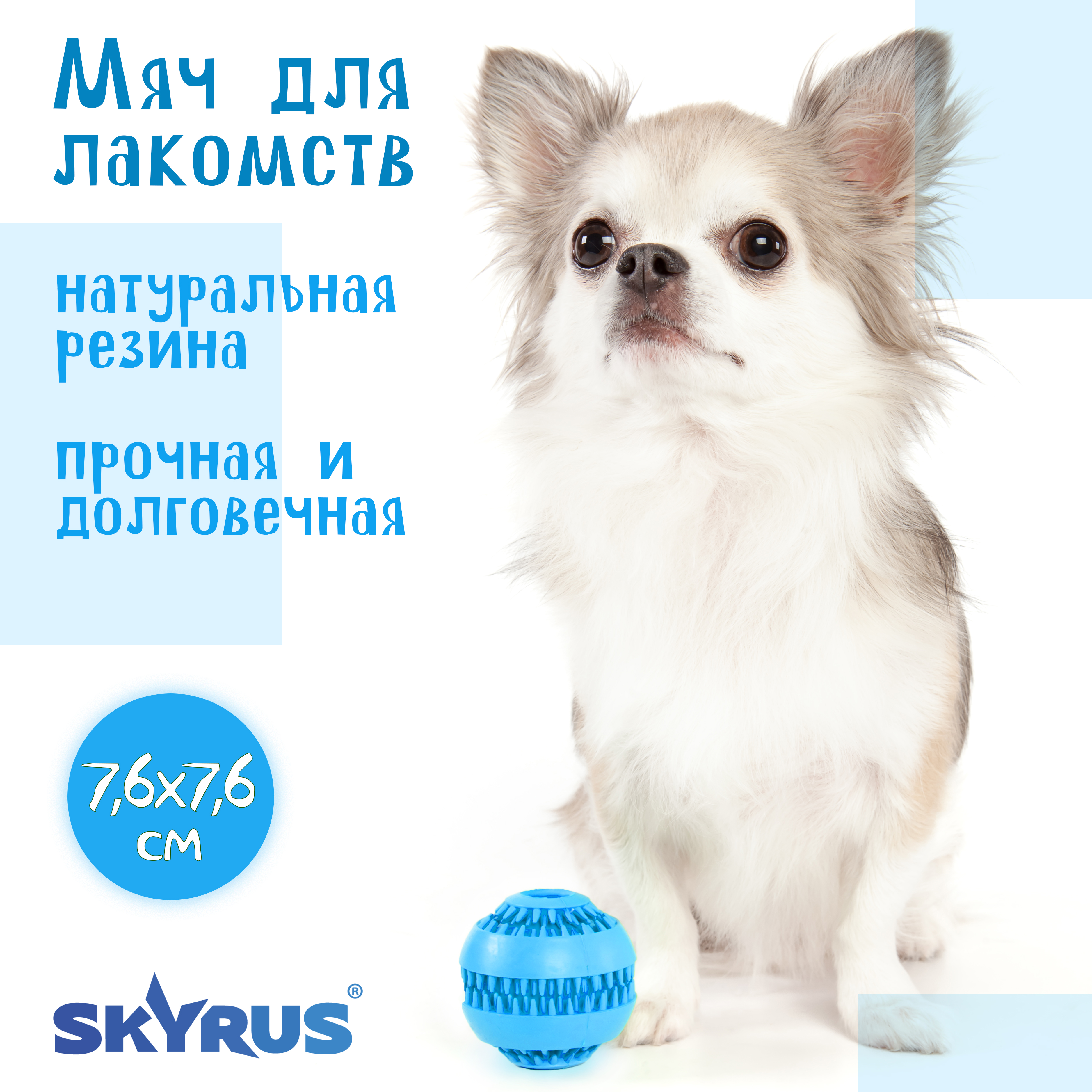 

Игрушка для собак SkyRus Мяч для лакомств, голубой, резина, 7,6 см, Мяч