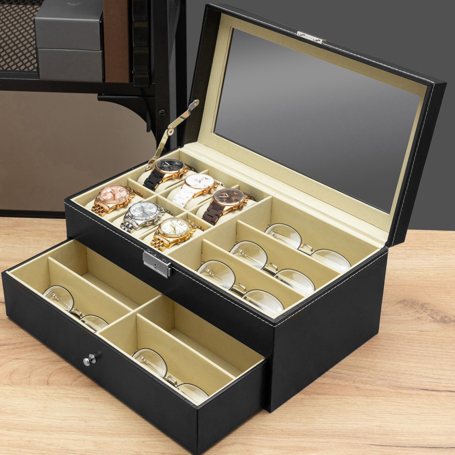 

Шкатулка для часов очков украшений сундук с замком подарок CLOX YC-28BL, Бежевый;черный