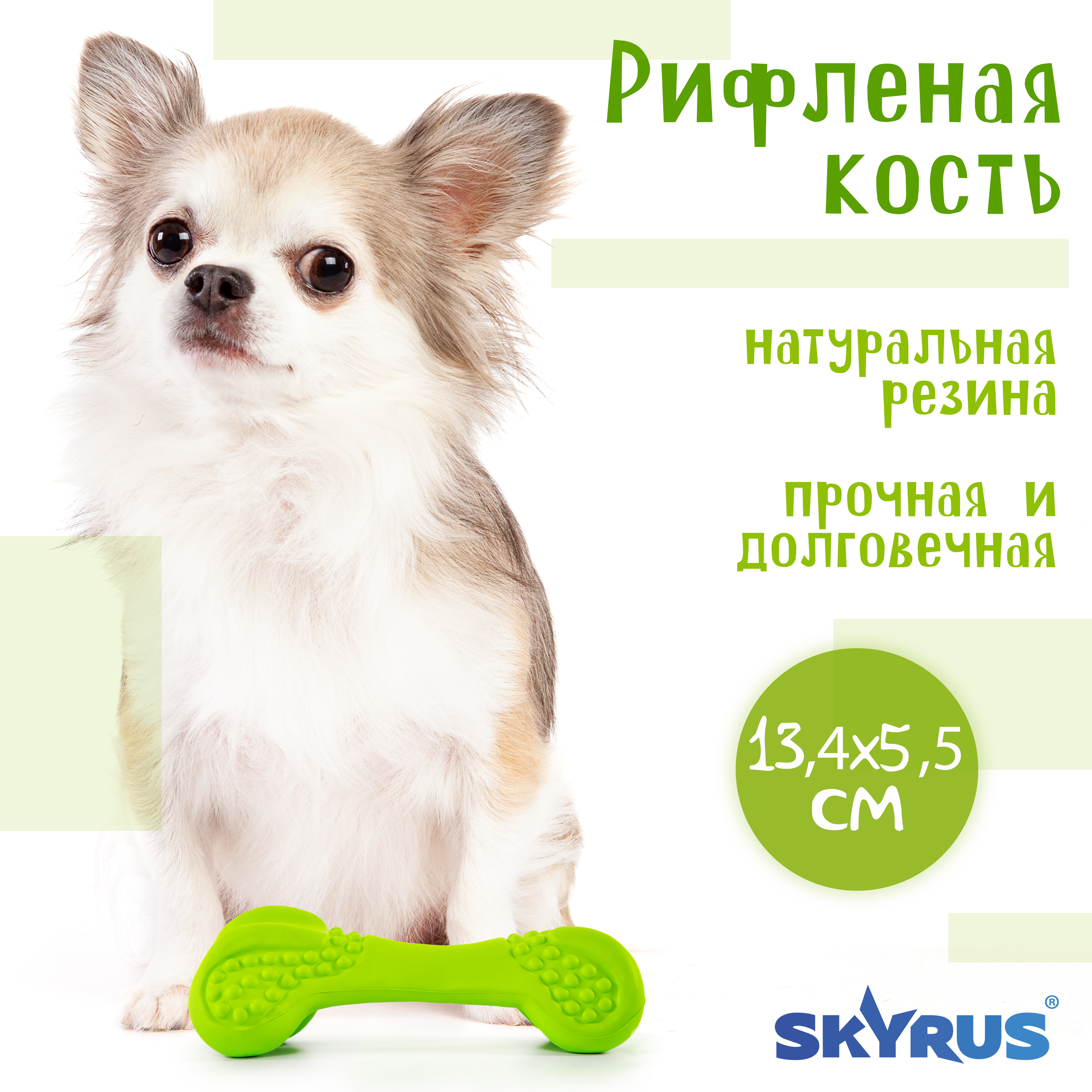 Игрушка для собак SkyRus Рифленая кость, зеленая, резина, 13,4х5,5х4,4 см