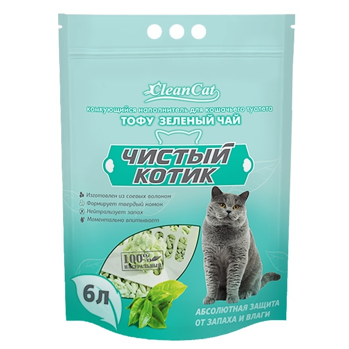 фото Комкующийся наполнитель для кошек чистый котик тофу зеленый чай, соевый, 3 кг, 6 л х 3 шт