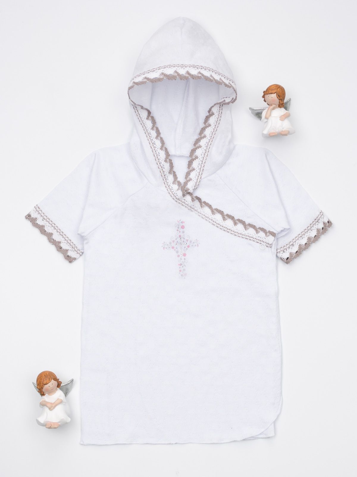 фото Крестильная рубашка для девочек крещение, 74-80 см, белый, жаккард соты, отделка: серая трия