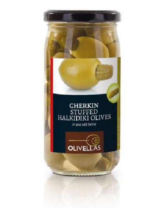 Оливки OLIVELLAS фаршированные корнишоном, 370 мл