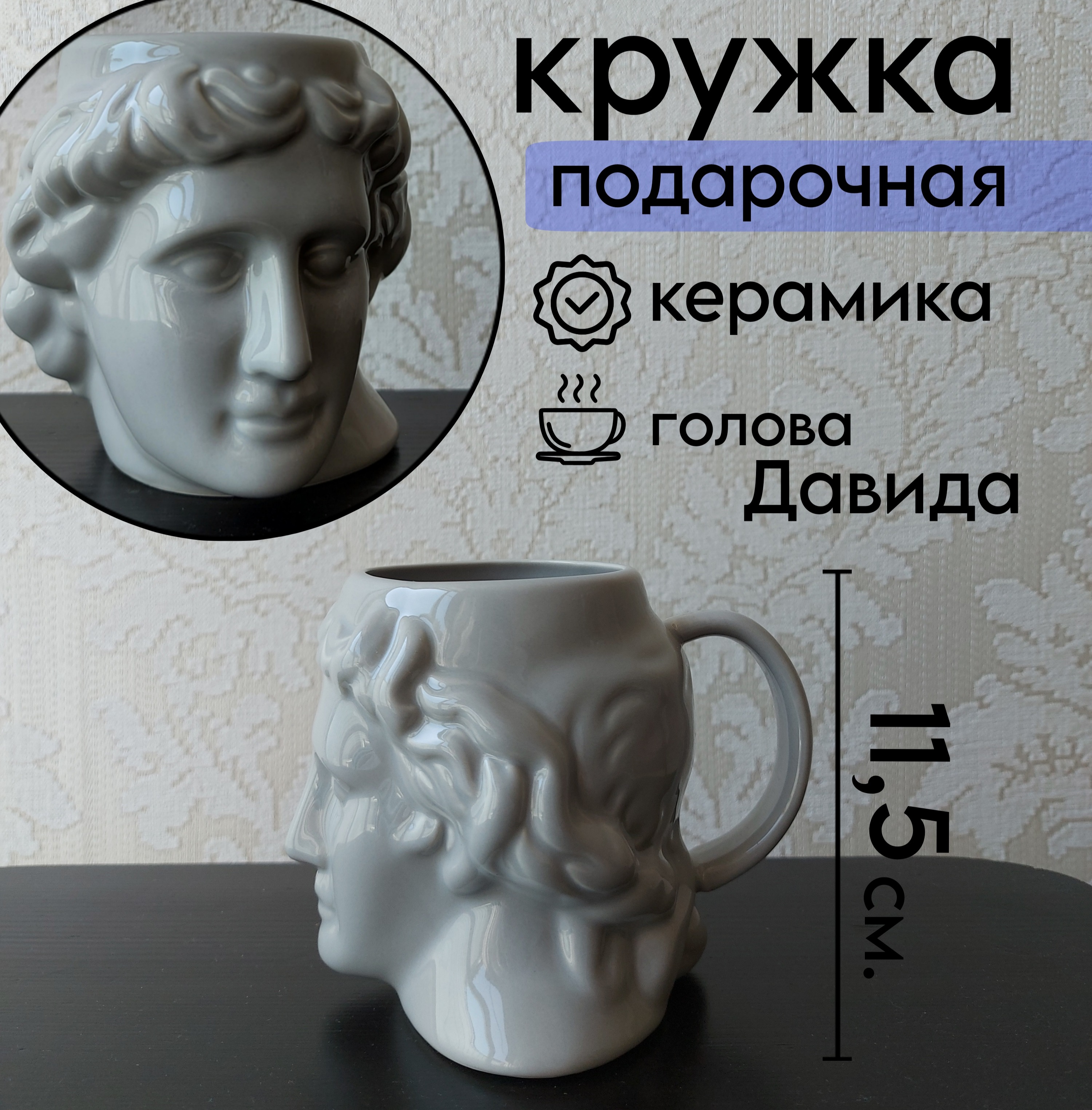 Кружка VILAGIO для кофе и чая 500 мл голова Давида в подарочной упаковке CupDavid/Gray