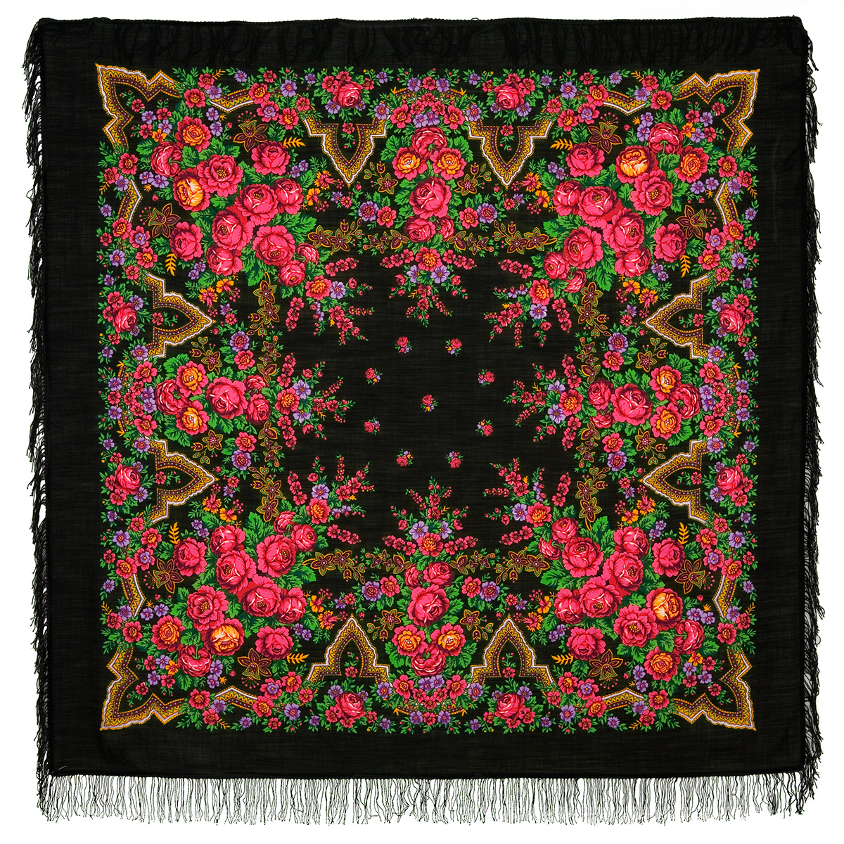 Платок женский Павловопосадский платок 325 черный/красный/зеленый, 146х146 см