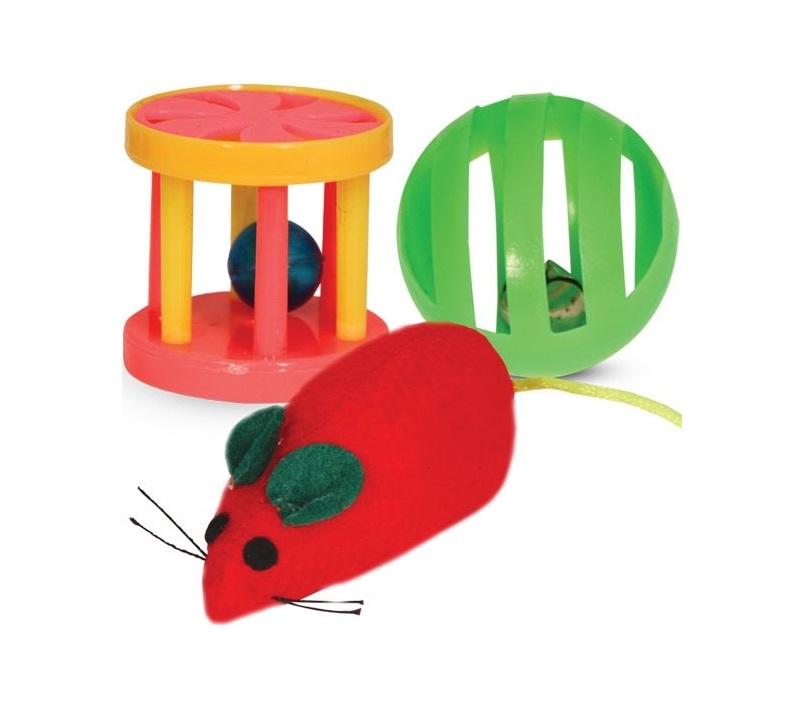 фото Набор игрушек для кошек triol мяч, мышь, барабан, разноцветный, 17.5 см, 3 шт