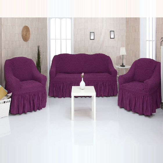 фото Комплект чехлов на трехместный диван и два кресла с оборкой concordia, фиолетовый