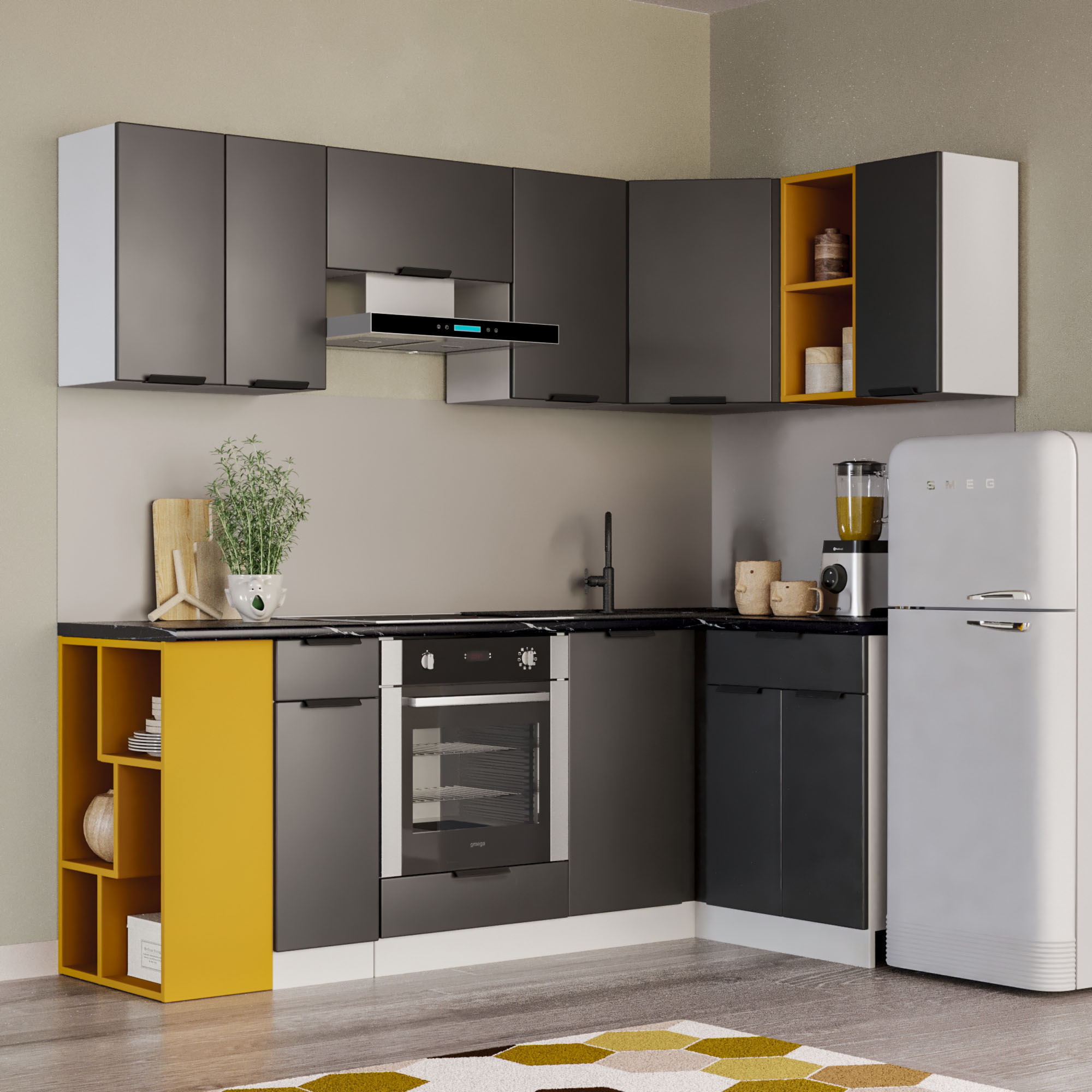 

Кухонный гарнитур Карандаш Фаворит 340x60x220 см Антрацит/Карри желтый