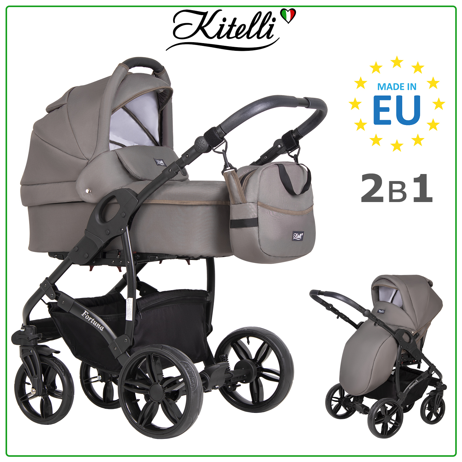 Коляска 2 в 1 Kitelli Fortuna 6 серо-коричневый рама черная