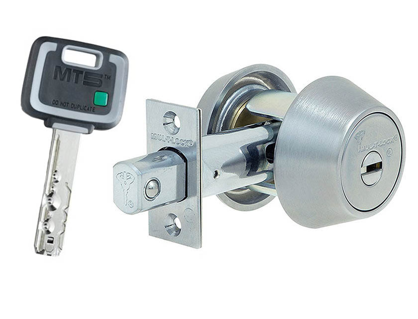 Замок дед-болт Mul-t-lock Hercular MT MT5+ ключ-вертушка - Матовый хром