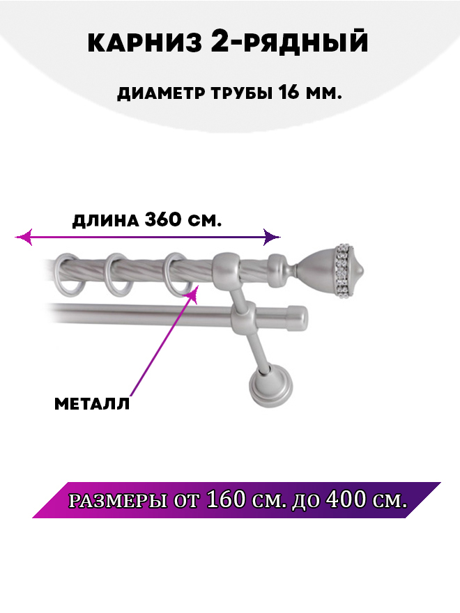 

Карниз металлический Lux Decor двухрядный Рим Сатин 36 м, Серый, Рим