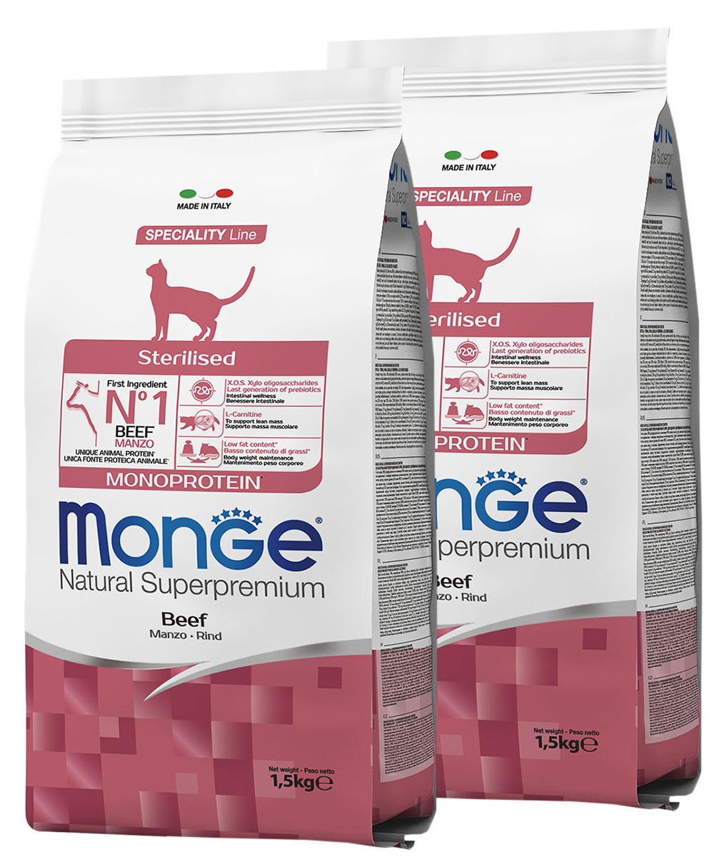 

Сухой корм для кошек MONGE SPECIALITY MONOPROTEIN CAT STERILISED BEEF, 2 шт по 1,5 кг