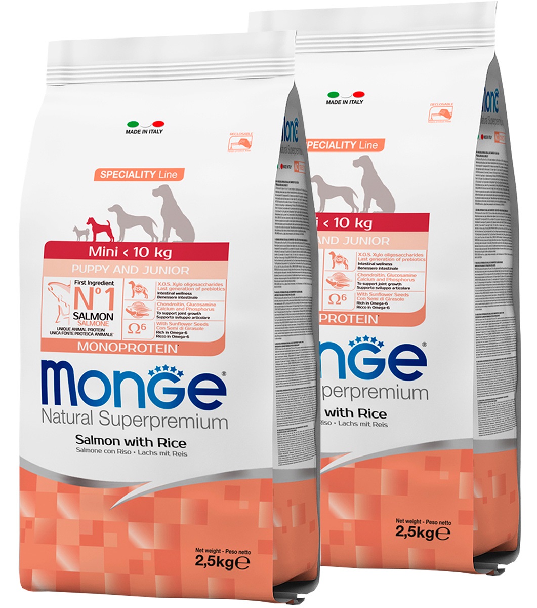 

Сухой корм для собак Monge Speciality line Puppy с лососем и рисом, 2шт по 2,5кг